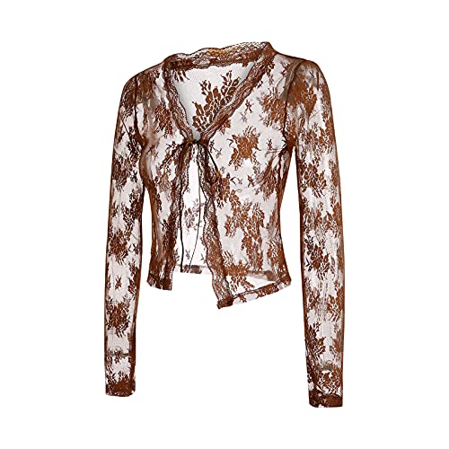Elegant Women Lace Cardigan Long Sleeve See Through Sheer Shrug Mesh Blouse Tie Up Crop Tops3