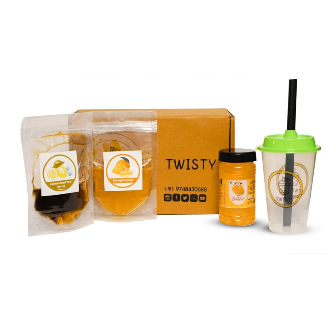 Twisty The Boba Station® - Bubble Tea Kit - 3 Servings | Mango Popping Pearls(250g) | Mango Syrup, Lemon Iced Tea Syrup, Sipper Cup, 12mm Straws | Fun, Quick to Prepare, Delicious Bubble Tea Set for Friends & Family