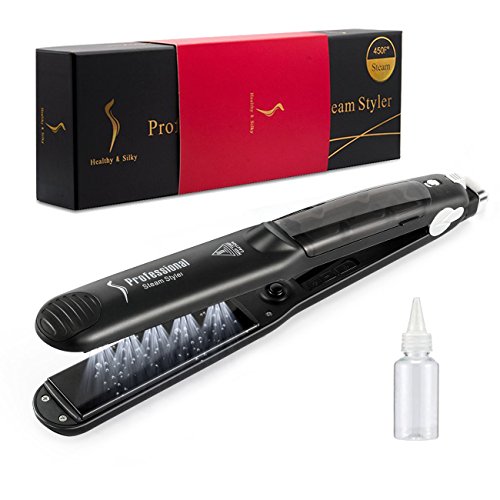 Plancha alisadora de pelo de vapor profesional de cerámica turmalina 2 en 1 plancha alisadora, ajustable 300-450F calor de salón, 110-220V voltaje doble, color negro