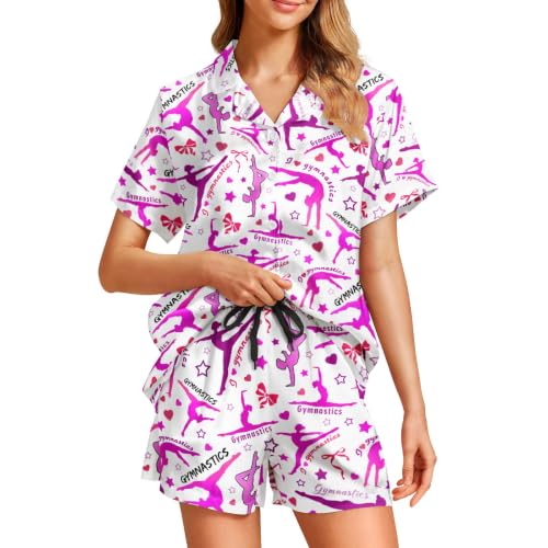 Image of Funny Satin Pajamas Set for Women Button Down Sleepwear Print Pjs Set 2 Piece Short Sleeve Loungewear Gift for Women