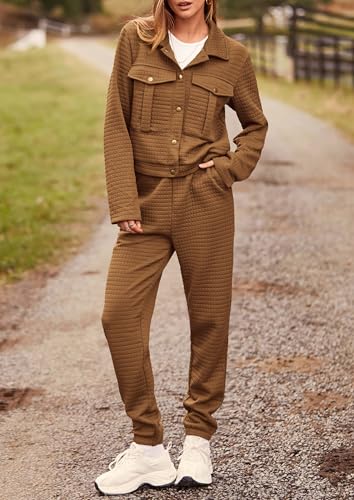 Image of PRETTYGARDEN Womens Two Piece Sets Fall 2026 Long Sleeve Button Down Shacket Jacket Long Sweatpants Tracksuit Winter Clothes