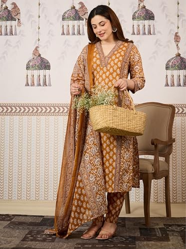 Image of Arayna Women's Cotton Printed Kurta Set with Pants & Dupatta | Elegant Ethnic Wear for Women | Floral Print | Comfortable Suit Set