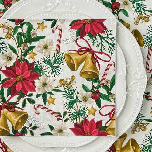 Yamobi 40PCS Weihnachts Einweg-Papier-Servietten Weihnachtsservietten 33x33 dekorative Bedruckte Papier-Taschentücher für Weihnachten Party(Bunte Glocke)