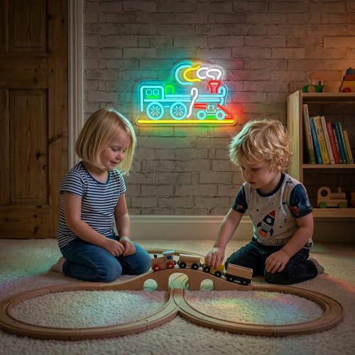 Image of Train Neon Sign for Wall Decor, LED Train Light with Dimmer Switch, USB Powered Neon Lights for Kids Room, Bedroom, Game Room, Railway Lover Gift Decor