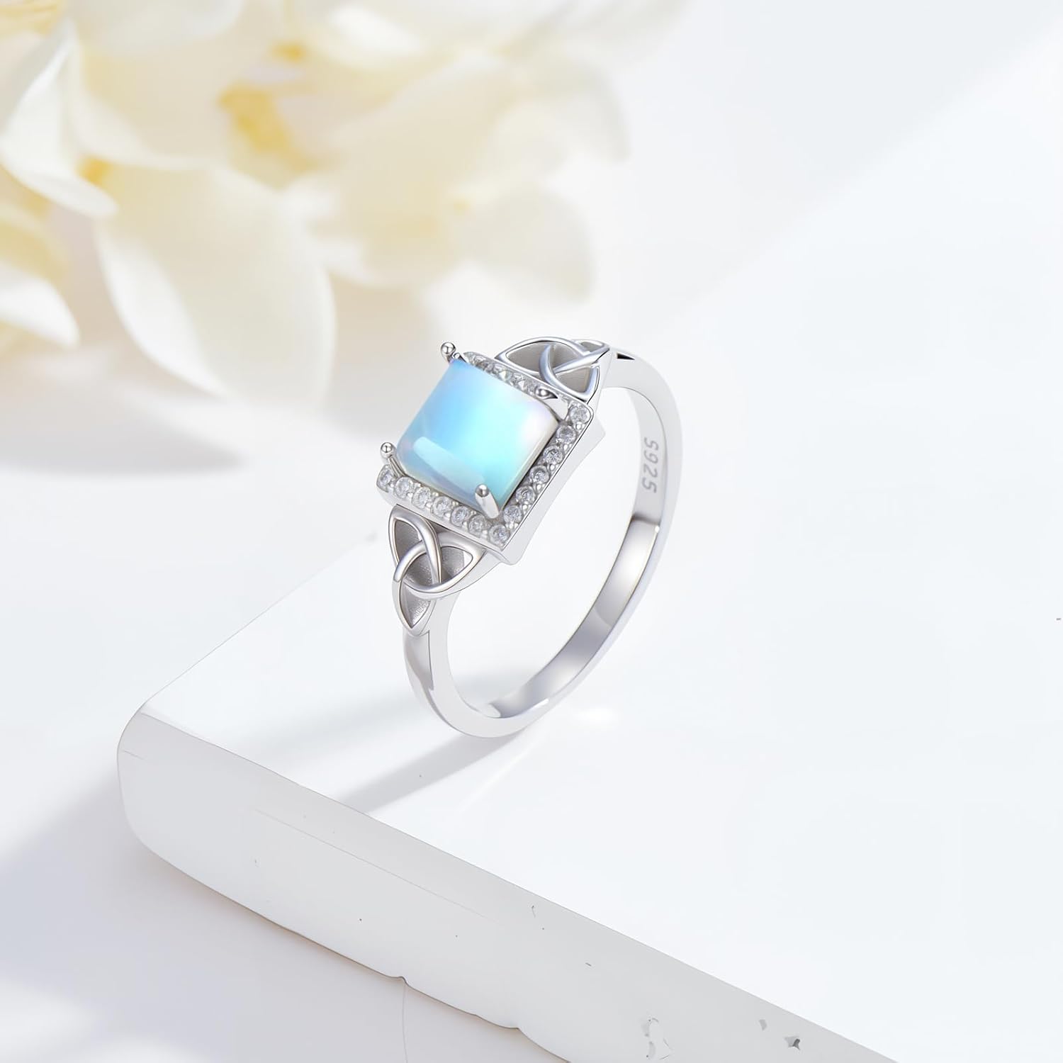 Moonstone Rings for Women 925 Sterling Silver Celtic Square Moonstone Ring Ladies Jewelry Gifts