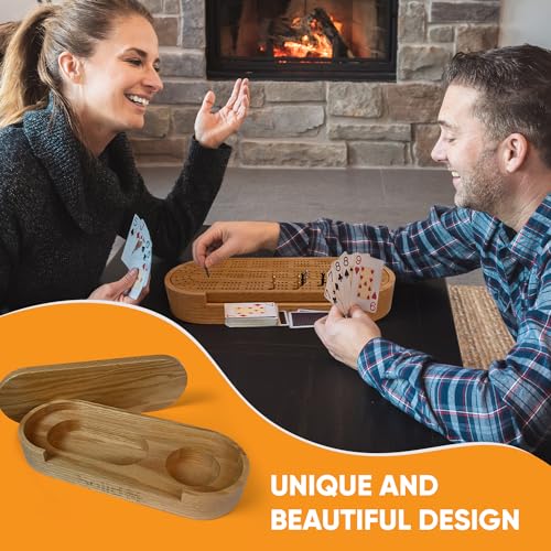 Solid H Premium Oak Cribbage Board Game Set -Unique Cribbage Board Includes Playing Cards thumb #2