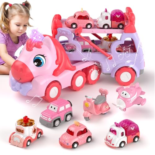 Image of newcrave 7 in 1 Carrier Truck Toys for 1 2 3 Year Old Girl Birthday Gifts, Princess Toddler Toys Age 1-3 2-4, Toddler Girl Car Toys with Light & Music, Toy Car for Girls