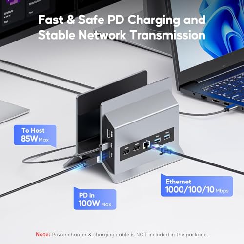 Image of USB C Docking Station for Dual Monitors, Vertical Laptop Docking Station Stand with 2 HDMI 4K 60Hz, 3X USB A /C 10Gbps, 2 USB A 5Gbps, Ethernet and USB2.0 for Windows and ChromeOS