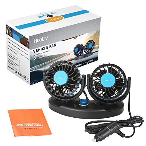 Car Fan 12V, Electric Car Cooling Fan with 360 Degree Adjustable Dual Head That Plugs into Cigarette Lighter/Low Noise Automobile Vehicle Fan for Car Truck Van SUV RV Boat