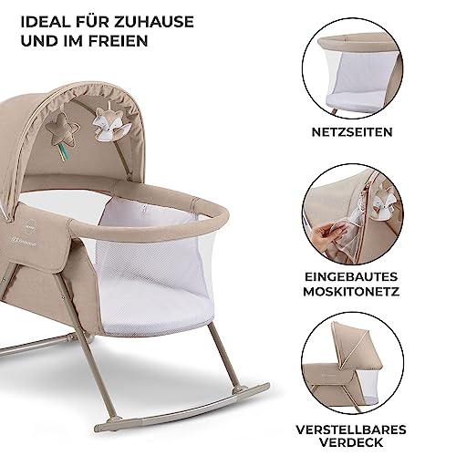 kk Kinderkraft Kinderkraft Kinderbett 3 in 1 lOVI, Kinderreisebett, Stubenwagen, Babywiege, Baby Wippe, Zusammenklappbar, Einfach Transport, mit Zubehör, Tasche, Moskitonetz,von Geburt bis 9 kg, Beige