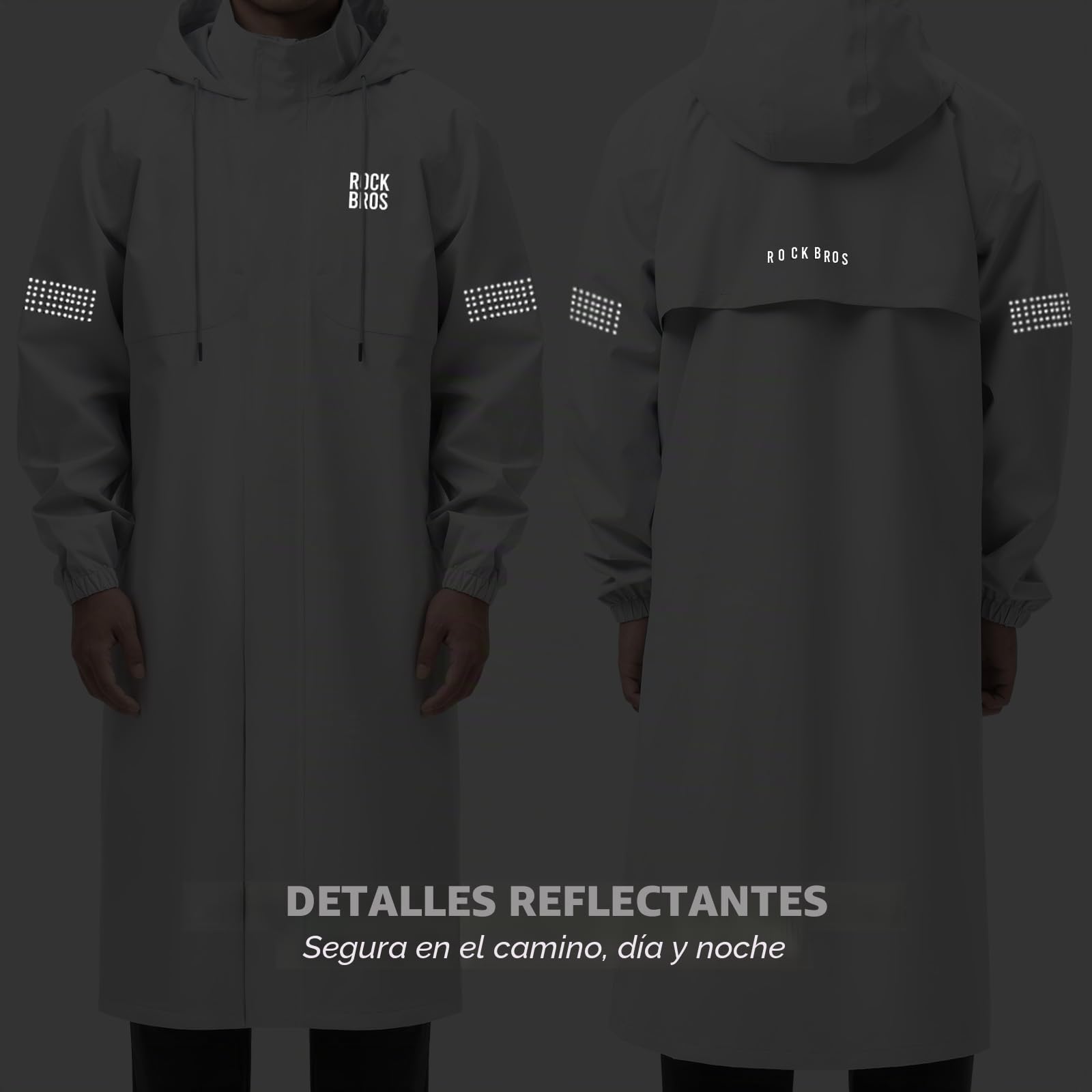 ROCKBROS Chubasquero Largo Deportivo Hombre Mujer, Chaqueta de Lluvia Larga Poncho Impermeable Transpirable Cortaviento con Capucha y Detalles Reflectantes para Senderismo Camping Ciudad, Gris Blanco