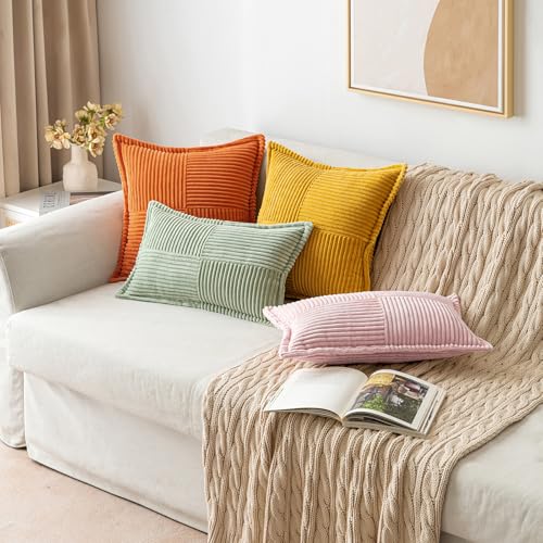 Image of MIULEE Pink Corduroy Decorative Euro Sham Pillow Covers 24x24 Inch with Splicing Set of 2 Soft Boho Pillow Covers Broadside Textured Pillowcases for Couch Bed Livingroom
