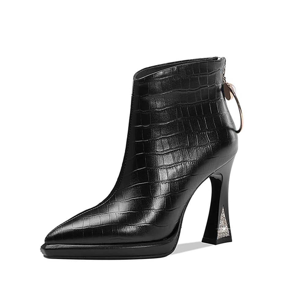 TinaCus Womens Genuine Leather Pointed Toe Handmade Back Zipper with Ring High Heels Chic Ankle Boots