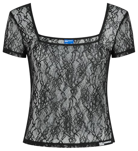 Karl Lagerfeld Jeans Short Sleeves Lace Top Blouse, Negro, S Mujer