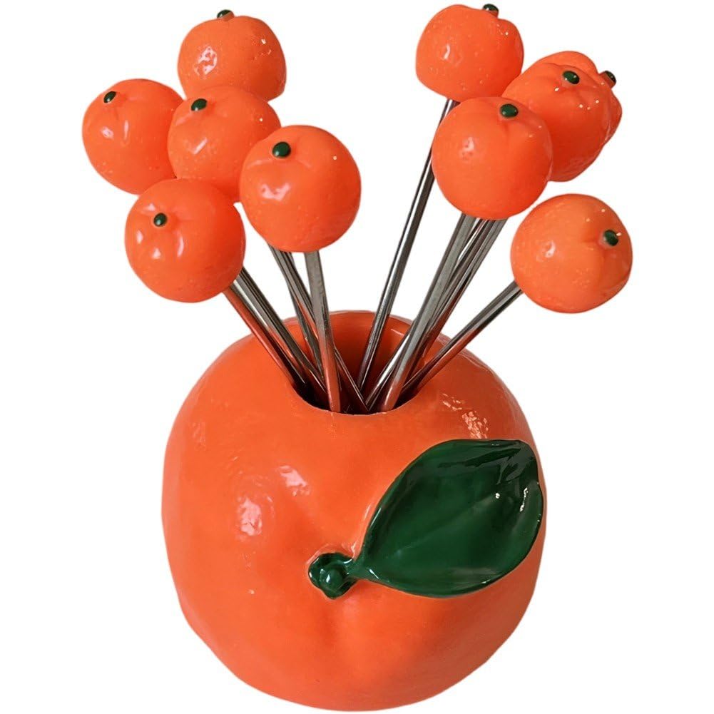 Lamdbao Orange Design Fruit Forks Set Stainless Steel Fruit Picks with Holder for Appetizers Salad Snacks Desserts Cupcake Bbq