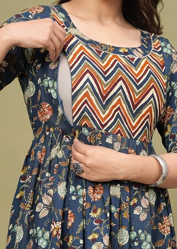 Image of Women's Feeding Kurta Cotton | Floral Anarkali Pregnancy Kurta with Nursing Zipper | Pre & Post Partum | Maternity Dresses | Mom to Be Gift