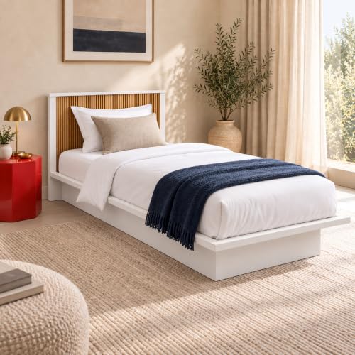 Image of Bniture Modern Low Height Single Size Bed Without Storage | Engineered Wood Platform Beds Headboard | King Size Wooden Cot Double Bed for Bedroom 3 Year Warranty (Frosty White & Giant Wood)