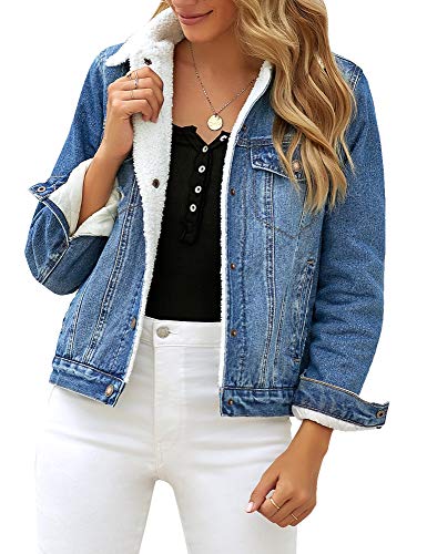 LookbookStore Women's Casual Button Down Ripped Fleece Basic Denim Jacket Coat with Pockets Light Blue Size X-Large