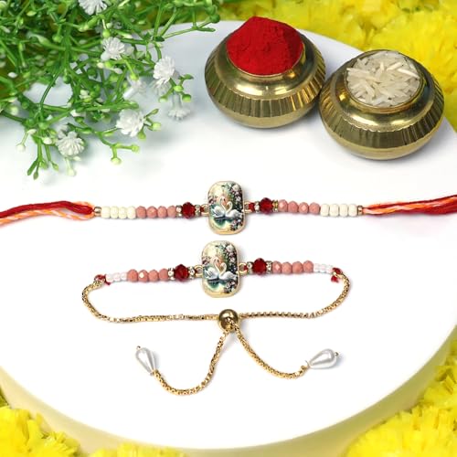 Image of Oblivion Rakhi Set for Brother and Bhabhi - Peacock with Feather Gift for Bhai & Lumba for Bhabhi with Silver Colour Coin and Greeting Card - Raksha Bandhan Combo