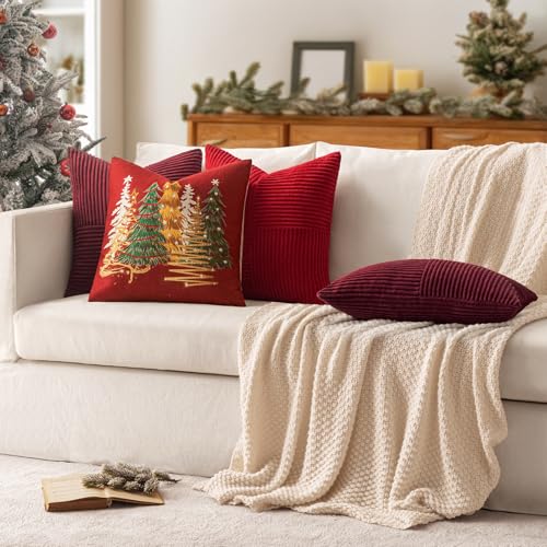 Image of MIULEE Burgundy Decorative Throw Pillow Covers for Couch 20x20 Inch | 2 Pack, Boho Farmhouse Pillow Covers, Soft Cross Corduroy Patchwork Textured Cushion Cases For Bed Sofa