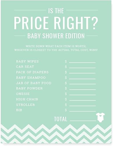 Andaz Press Colección de baby shower de color verde menta con cheurón neutro, juegos, actividades, decoraciones, tarjetas de juego Is the Price