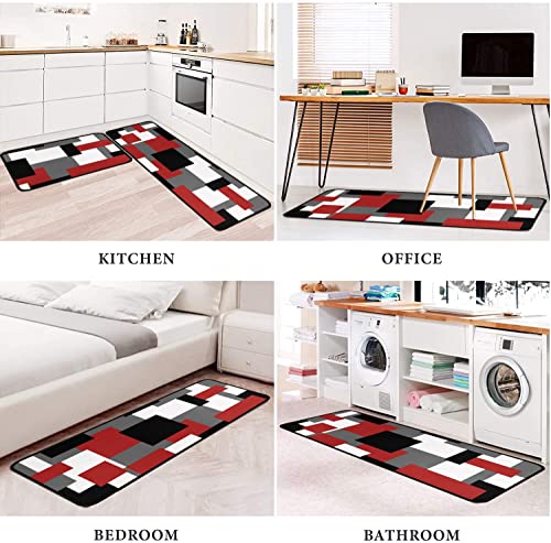 Red Black White Geometric Patterns Kitchen Rugs And Mats Set Of 2,Modern Decoration Style Kitchen Mat Non-Slip Absorbent Mats For Sink Waterproof Runner Rug For Laundry Room 17X24+17X48Inch #TOP5