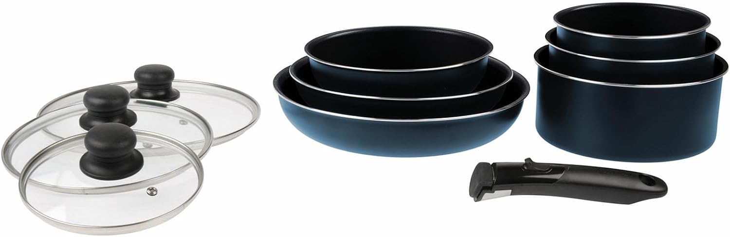 Sitram 714251 Cookware Set 10 Pieces Aluminium Blue Metal Matt: Removable Handle, 3 Frying Pans Diameter 20.24.5 cm, 3 Saucepans Diameter 16.18 cm, 3 Glass Lids Diameter 16.20 cm, Suitable for All image 2