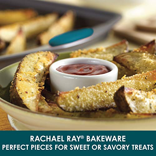 Rachael Ray Nonstick Bakeware Set with Grips includes Nonstick Bread / Baking Pans, Cookie / Baking Sheet and Cake Pans - 10 Piece, Gray with marine blue grips by Rachael Ray - Image 2