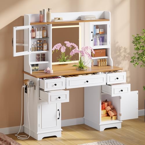Vanity Desk with LED Lighted Mirror, Makeup Vanity Table with 5 Drawers, 4 Doors, and 3 Storage Shelves for Bedroom, Dressing Room, White