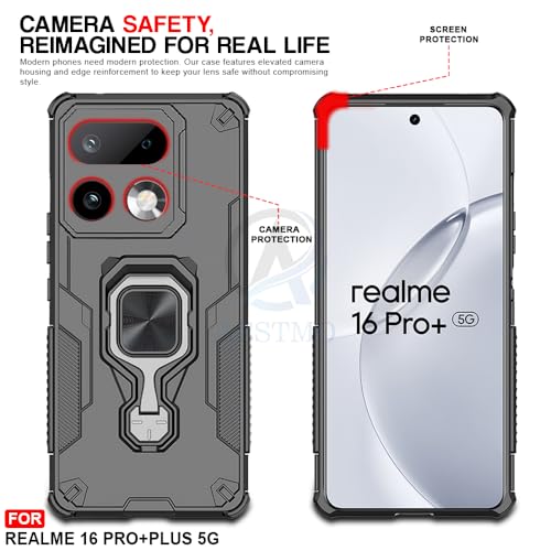 Image of AESTMO Armor Back Cover for Realme 16 Pro Plus 5G | Ring Holder & Kickstand & Camera Protection in-Built | 360 Degree Protection Back Case Cover for Realme 16 Pro Plus 5G (Black)