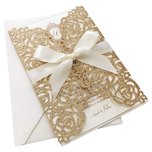 Picky Bride 25PCS Wedding Invitations with Envelopes 128 x 185mm Lasercut Lace Gold Wedding Invitations Kit for Wedding Party, Bridal Shower - Thumbnail 7