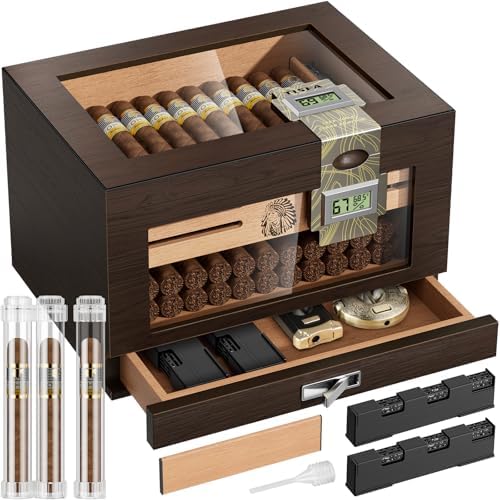 Amazon.com: TISFA Cigar Humidor Cedar Wood Cigar Box with 2 Digital ...