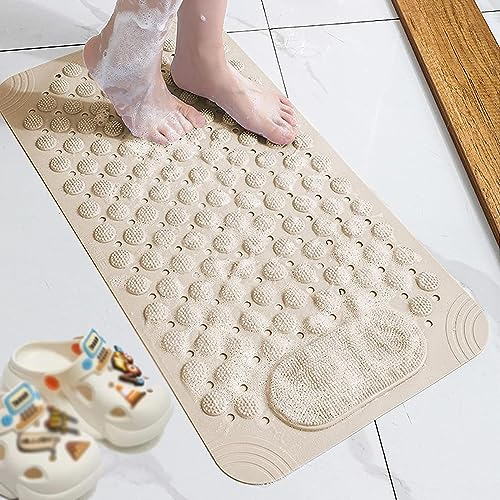 Image of VHKD PVC Bathroom Door Bath mat Anti Slip Skid with Foot Scrubber for Room Shower Suction Cups Drain Holes Silicone Floor mat Rectangle (Beige) 70x35cm