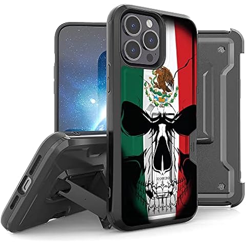 BEYOND CELL Compatible with Apple iPhone 13 Pro Max Armor Kombo Kickstand Case with Belt Clip Holster, Hybrid Rugged Heavy Duty Shockproof Drop Protection Mexican Flag Skull Cover
