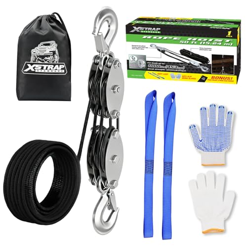XSTRAP STANDARD Rope Hoist Pulley System, 1000LB Capacity Block and Tackle, 5:1 Lifting Power 50ft Heavy Duty Pulley Block for Hunting Lifting Heavy Objects with Anti-Slip Work Gloves, 2pcs Soft Loops