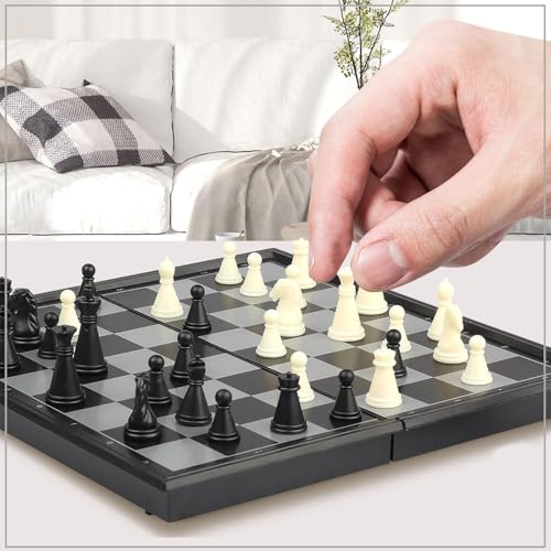 Image of Magnetic Folding Chess Set for Kids & Adults - Portable Travel Chess Board Game with Strong Magnetic Pieces, Educational Strategy Game with Storage - ABS Plastic, Black & White Design