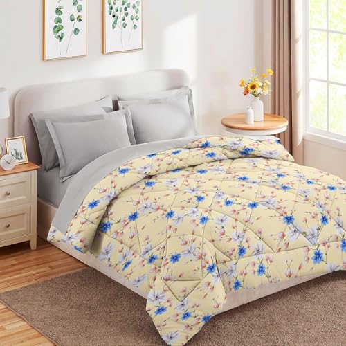 Image of HOMEKART 220 GSM Microfiber 4-Piece Comforter Bedding Set for Double Bed | King Size AC Comforter with Flat Bedsheet (90x100 Inch) & 2 Pillow Covers | Soft, Lightweight & All-Season | Beige-Blue