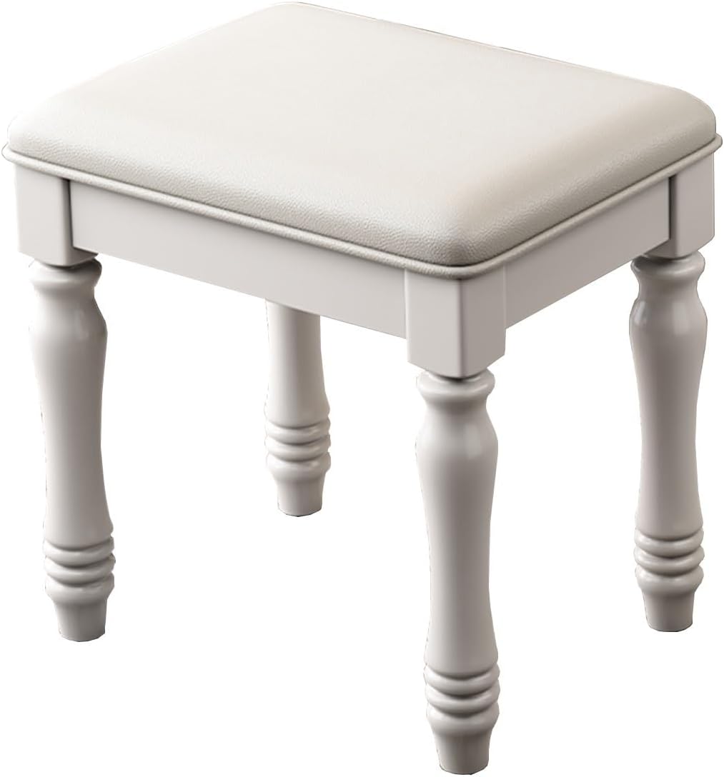Leather Dining Chairs Wood Modern Kitchen Dining Chair with Soft Cushion Farmhouse Square Stool Upholstered Makeup Stool with Wood Legs for Living Room, Office, Bedroom(White,A)