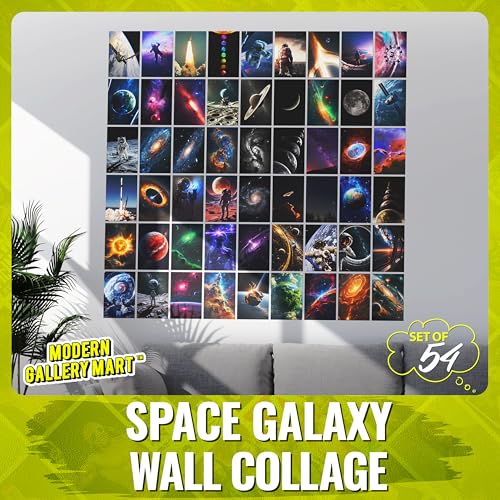 Image of MODERN GALLERY MART Pack of 54 Space Galaxy Aesthetic Wall Collage Kit Posters - 4 x 6 Inches Posters for Wall Decoration - Wall Art For Bedroom, Office, Living room, Dorm room - Glue Dots Included