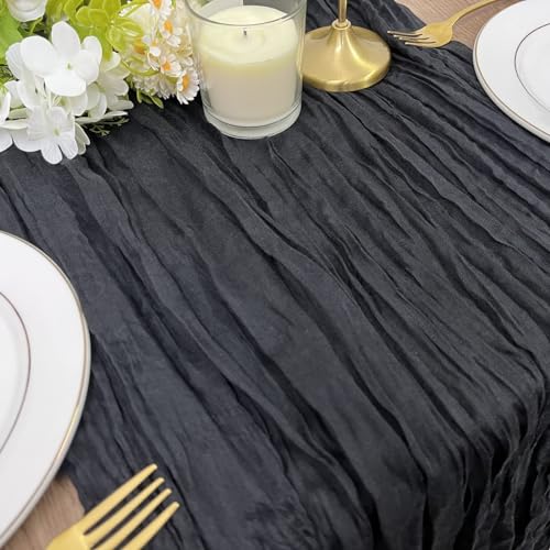 BGHEOUYV Chemin de table en étamine, 3 m, 88,9 x 304,8 cm – Chemin de table rustique en gaze pour décoration de fête prénuptiale, mariage, Action de grâce, anniversaire (noir)