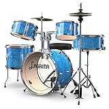 LAGRIMA 16 inch 5 Piece Full Size Complete Children/Junior Drum Set w/Adjustable Stool, Stainless Steel Cymbals,Pedals & 2 Drumsticks,Thick Drum Skin & Double Braced Hardware,Sparkles Bright Blue