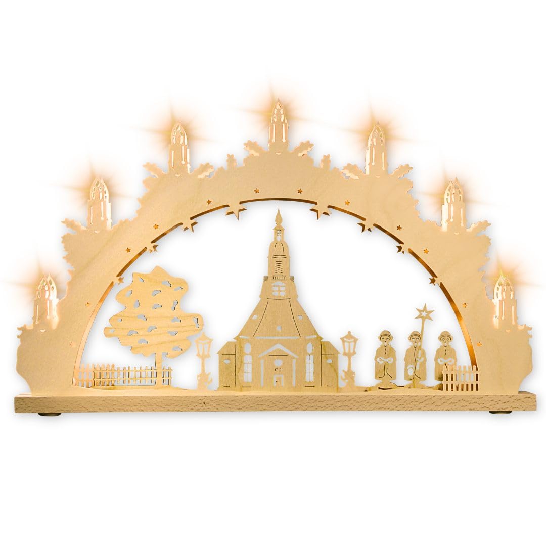 weigla - Schwibbogen original Erzgebirge I LED Lichterbogen Weihnachten I Motiv Seiffener Kirche I 7 Lampenkerzen + 1 Ersatzlampe I 7 x 34 V, 0,2 W, E10 I beleuchtete Weihnachtsdeko
