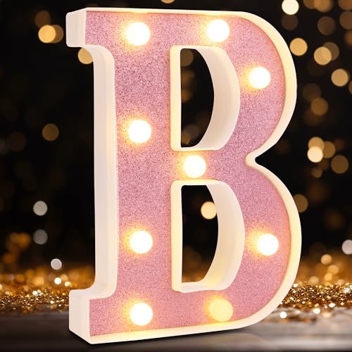 Image of Small Led Marquee Letters, Light Up Letters, 8.58 Inch Led Letter Lights, Battery Powered Lighted Sign for Table, Party, Birthday, Christmas Decor (Pink Glitter, Letter B)