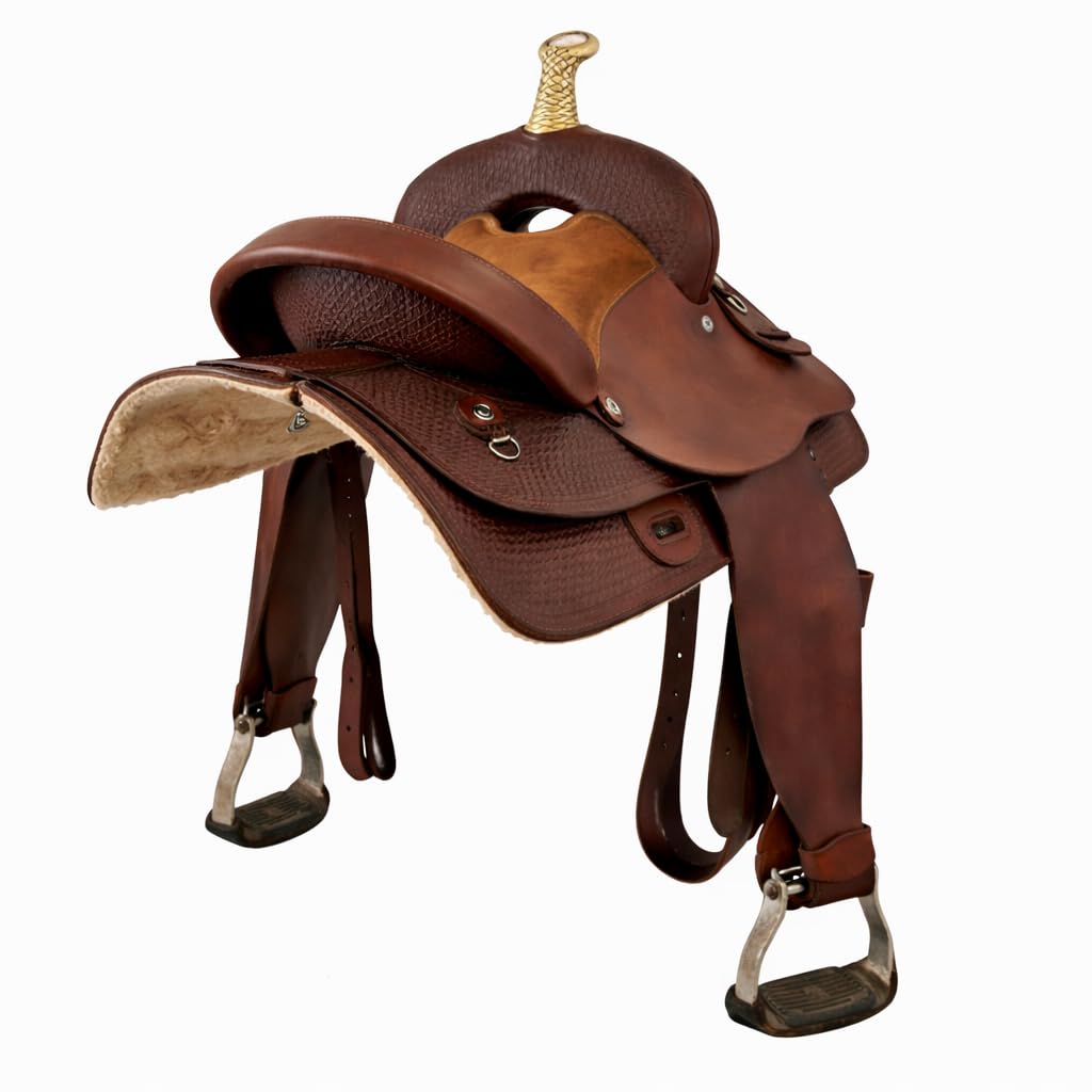 HAMS Silla de Montar Western, Cuero Genuino, Asiento Acolchado de Ante, Diseño Artesanal, Estribos Ajustables para Equitación