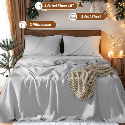 Image of 100% Linen Sheet Set Breathable Natural Linen Sheets 4Pcs Full Size, Bedding Set Deep Pocket Up to 16 inch Soft Sheet