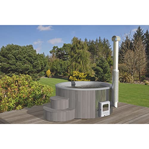 Wolff Finnhaus Badebottich grau Hot Tub Ø 200 cm Thermoholz Hellgrau mit Holzofen Cover