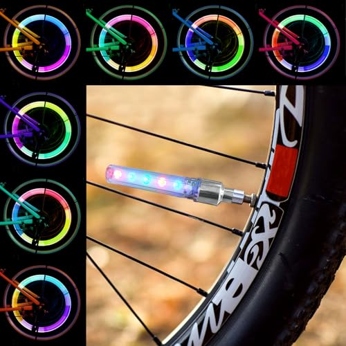 2-Pack Bike Wheel Lights 5-LED Neon Tire Valve Cap Lights with 7 Flashing Modes Waterproof Bicycle Spoke Lights for Safety & Decoration Universal Fit for Bikes Cars & Motorcycles