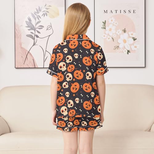 Funny Skeleton Pumkin Summer Satin Pajama Set, Cute Button-Down Sleepwear Pj Set for Sleep Wears4