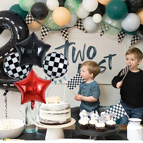 Image of TONIFUL 40 Inch Race Car 2nd Birthday Racetrack Number 2 Black Wheel Tire Black White Checkered Star Boys Car Themed Birthday Party Decor