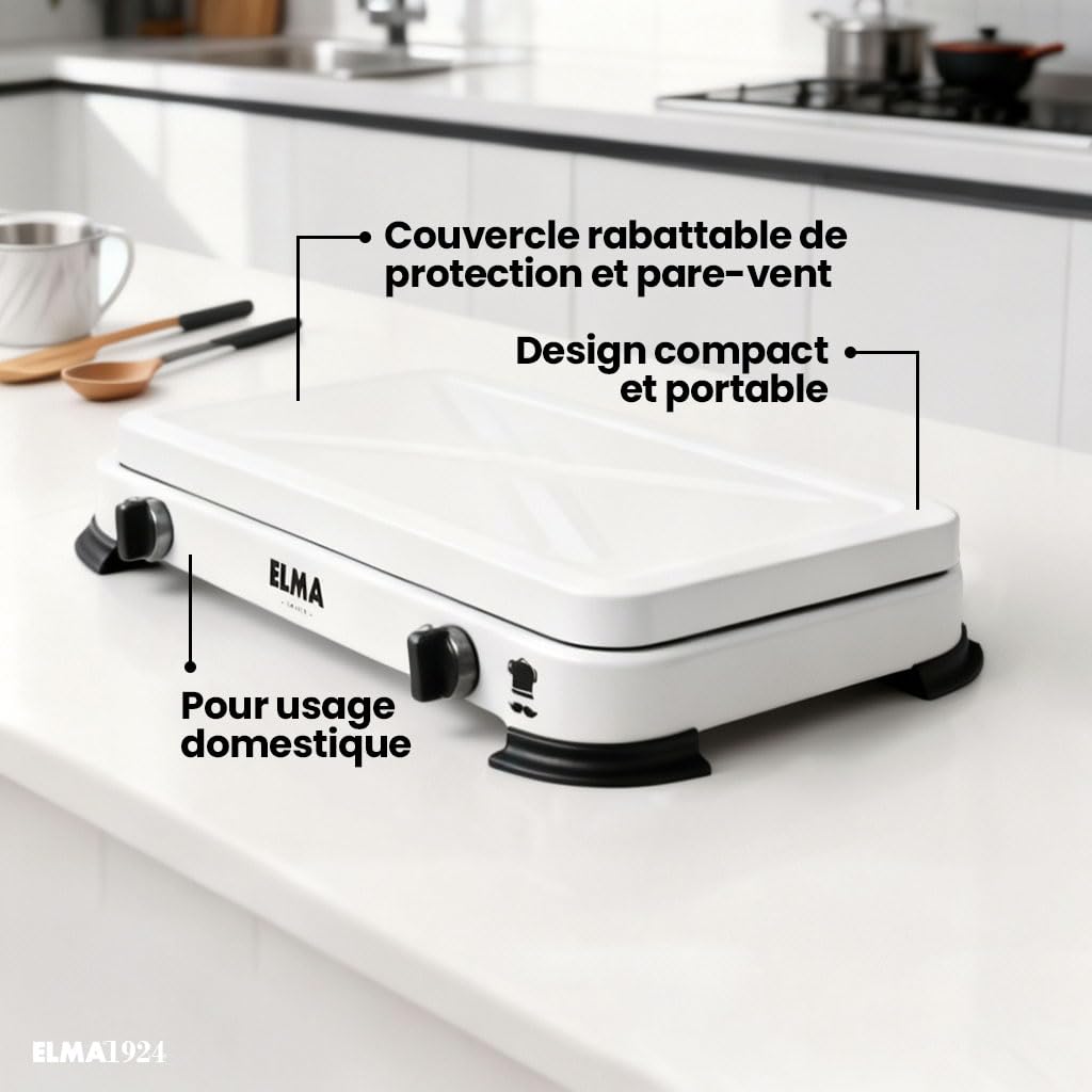 ELMA Réchaud à Gaz avec 2 Brûleurs Compatible avec le gaz Butane et Propane I Réchaud de Camping Portable I Comprend les Instructions de Montage I 58 x 25 x 5,4 cm